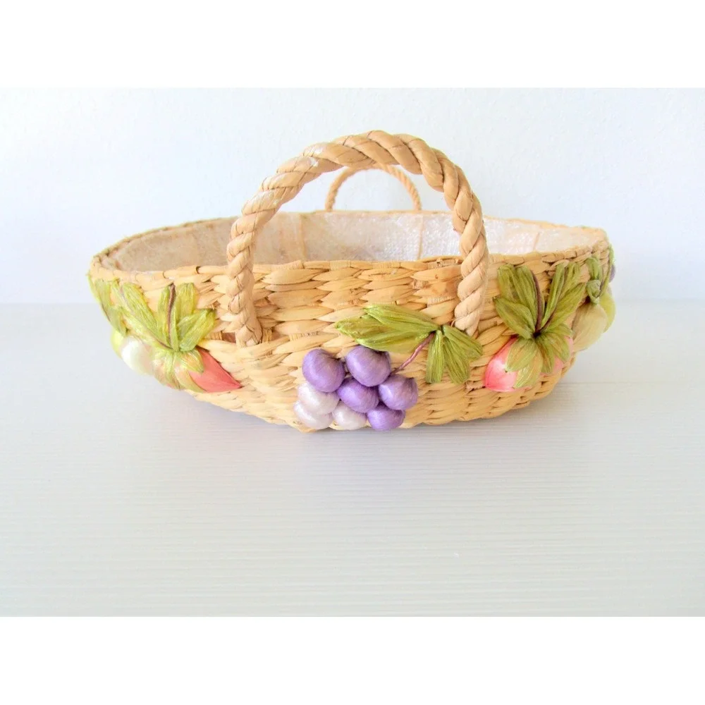 Vintage Raffia Woven Straw Basket Embroidered Fruit Grapes Handles Casserole